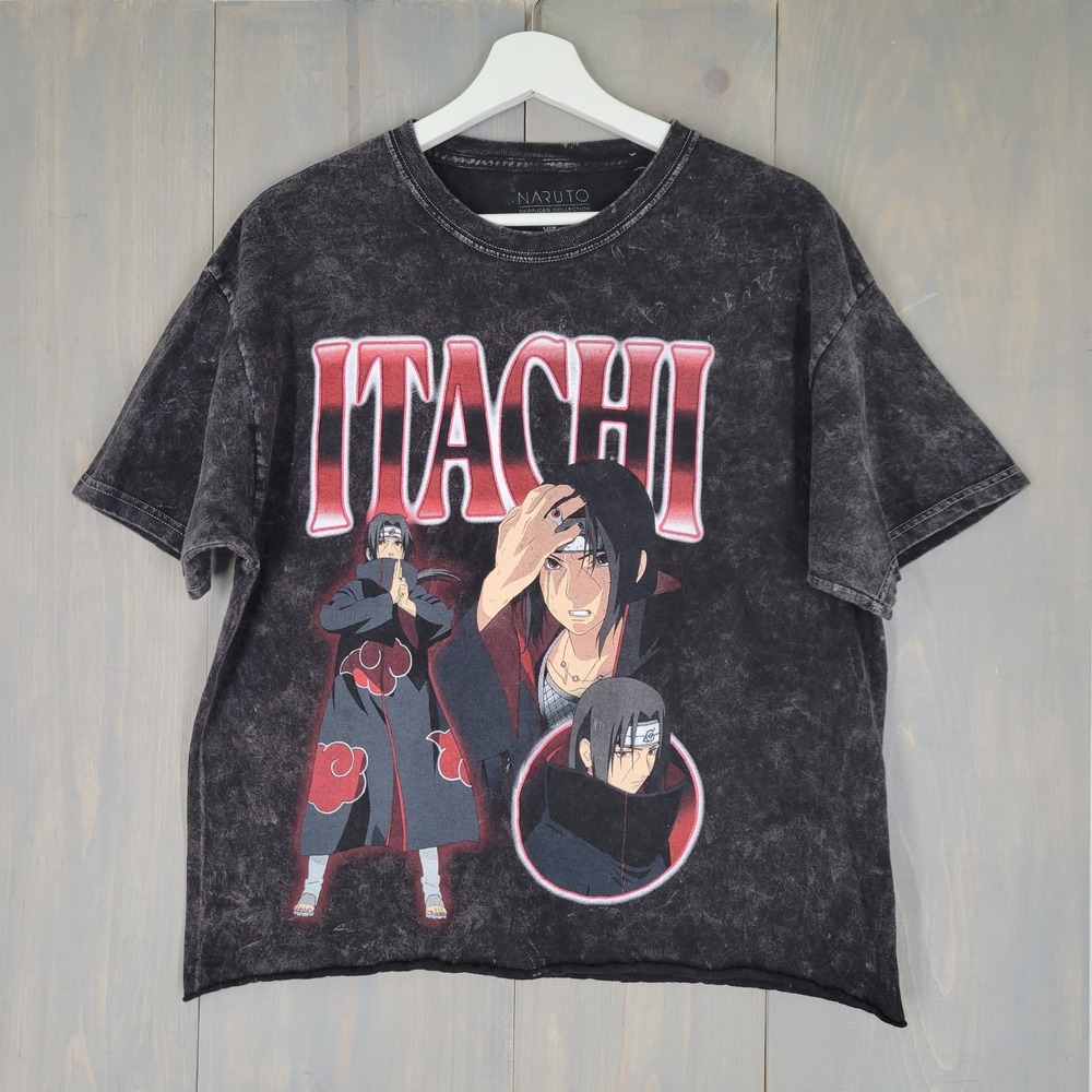 Naruto Graphic T-Shirt Mens Medium Black Itachi Uchiha Acid Wash Cropped Tee‎